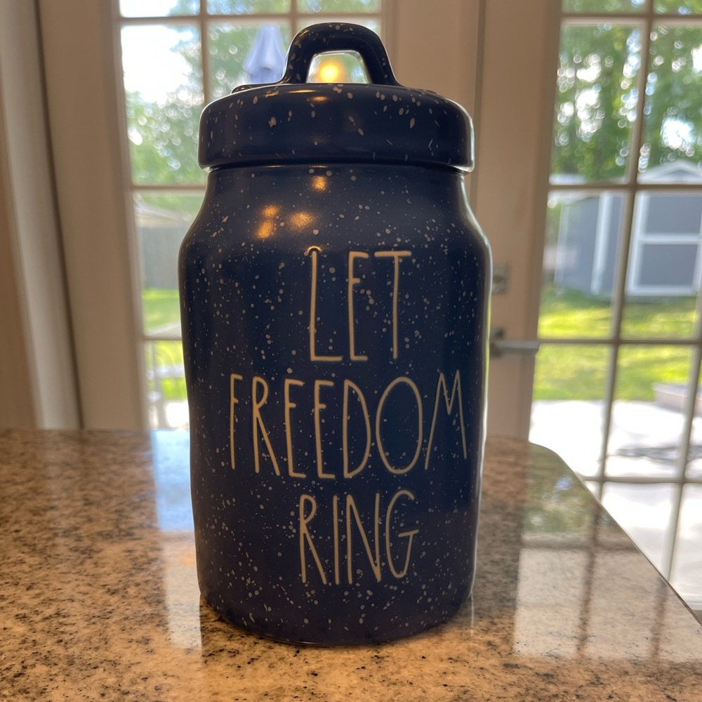 Blue Speckled “Let Freedom Ring” Canister - Rae Dunn